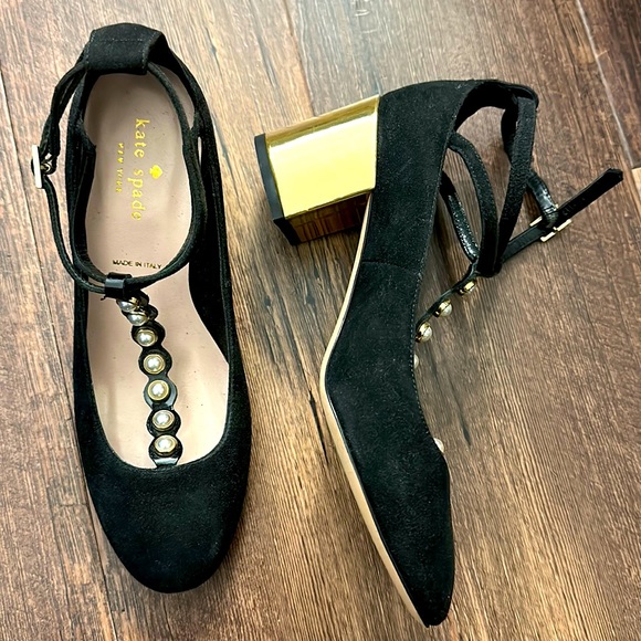 Kate Spade Black Suede T Strap Block Heels with Pearl Details - Picture 2 of 9